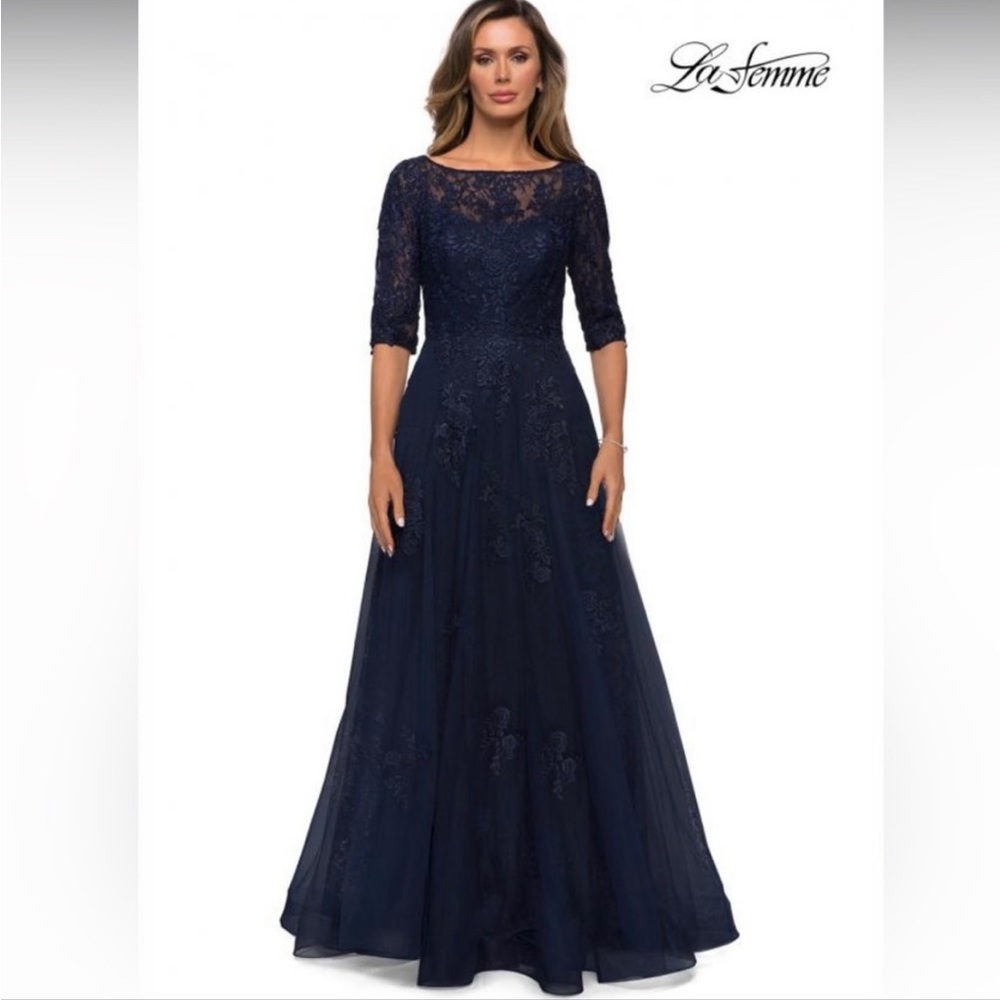 La Femme Lace and Tulle A-Line Formal Evening Gown NWT Navy Blue 28036